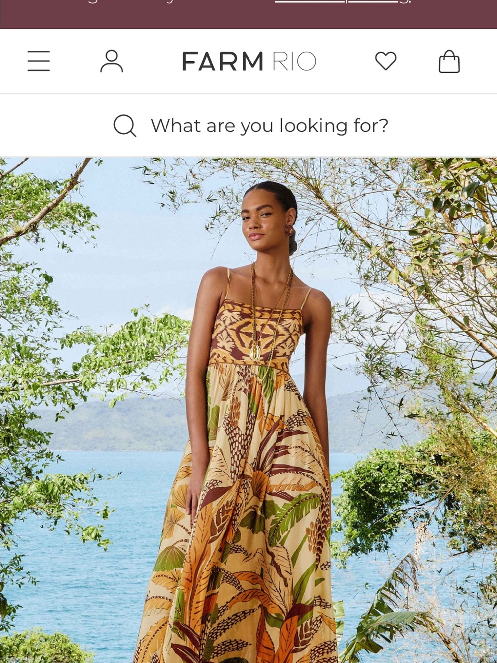 FARM Rio Tropical Leaf Strapless-Style Jumpsuit in Tan, Green & Brown